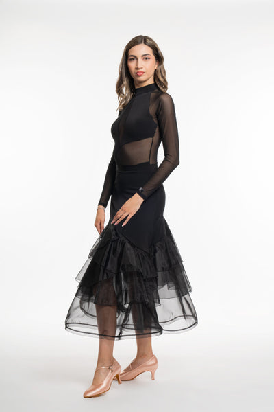 RS Atelier Pepper Black Organza Ballroom Skirt with Ruffles for Competition, Evening Wear, Performance