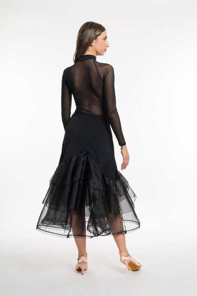 RS Atelier Pepper Black Organza Ballroom Skirt with Ruffles for Competition, Evening Wear, Performance