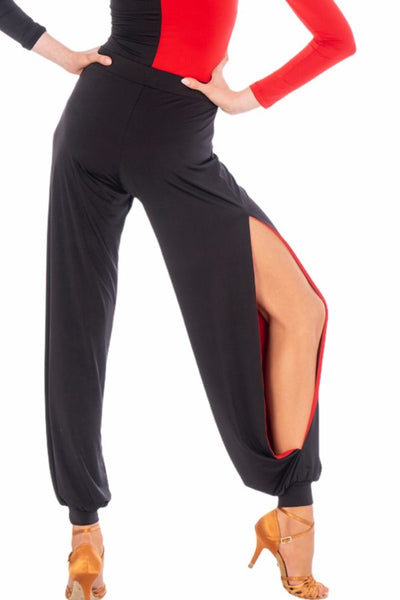 FREE AUSTRALIA-WIDE SHIPPING.  Best price worldwide.  Fabulous latin dance pant for passionate Salsa, Tango and Social Dancing… Cut in our famous soft silk jersey. Moving with your body, accentuating every movement.  The red inside flashes cheekily from time to time, showing and elongating your legs. You will fall in love !