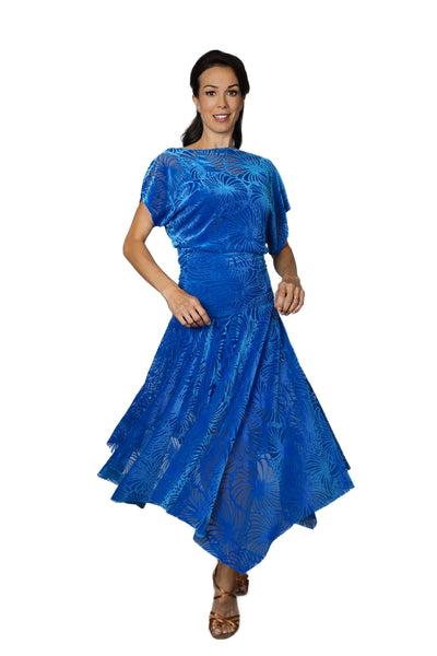 Long Blouson Burnout Velvet Dress D2412 in Various Colours: Loose Blouson Top, Square Cut, Long Velvet Burnout Flowing Skirt, Short Sleeves for Evening Wear & Parties, Social Dancing, Dance Performance & DanceSport Competitions