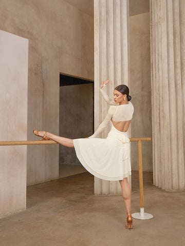 ZYM Eve Skirt in Pearl White | Skirt with Side Split, Layered Hemline and Ruched Waist for Latin, Salsa Dance Practice, Performance, Social Dancing & Competitions