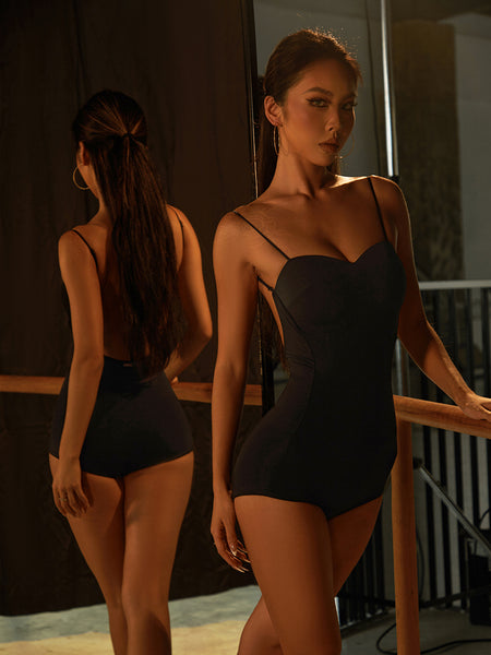 ZYM The Bodysuit 2212 in Black | Shoestring Straps, Low Back Bodysuit with Snap Closure & Built-In Bra for Dance Practice & Shows, Daywear & Parties