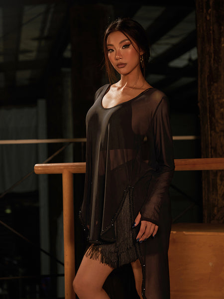 free australian shipping - worldwide delivery best price- ZYM Barely Dress 25094 in Mesh Black - Loose Fitting, Stretchy Dress with Long Sleeves, Sparkling Hemline & Optional Waist Tie for Dance Practice, Social Dancing & Smart Casual Evenings