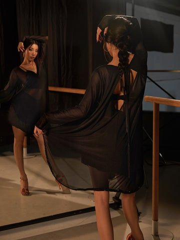 free australian shipping - worldwide delivery best price- ZYM Barely Dress 25094 in Mesh Black - Loose Fitting, Stretchy Dress with Long Sleeves, Sparkling Hemline & Optional Waist Tie for Dance Practice, Social Dancing & Smart Casual Evenings
