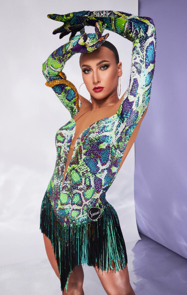Free Australia-wide shipping.  Best price worldwide.  Velvet snake patterned latin dress with colourful fringes and fringe beads; stretch nude net insertions, open back and long glove-sleeves. Detachable gold snake element as necklace or as arm bracelet. Flourescent crystals mixed with Ab, Purple and Green Crystals all over the dress. Built in cups and leotard. One of a kind on any dance floor!