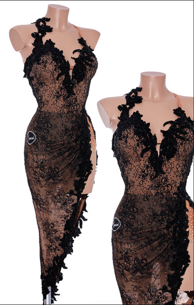 Free Australia-wide shipping.  Best price worldwide.  Elegant delicate laced latin dress, figure hugging shape, built in leotard and bra cups, all around trimmed with a rich textured crystallized lace. The dress is fully lined with nude mesh; also Open back, and high split/opening on leg. Bracelets and earring included.