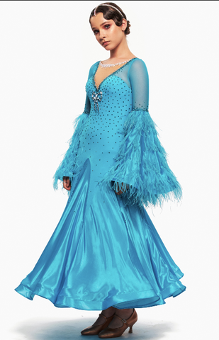 Free worldwide express shipping.  Best price guarantee worldwide - worldwide shipping included.  Delicate junior/adult ballroom dress in turquoise colour, feathered bell sleeves, smooth velvet body and satin chiffon full skirt with organza under-layers. Fully decorated with Swarovski Ab, Sapphire and Sapphire Ab crystals, AB pearls and beads.
