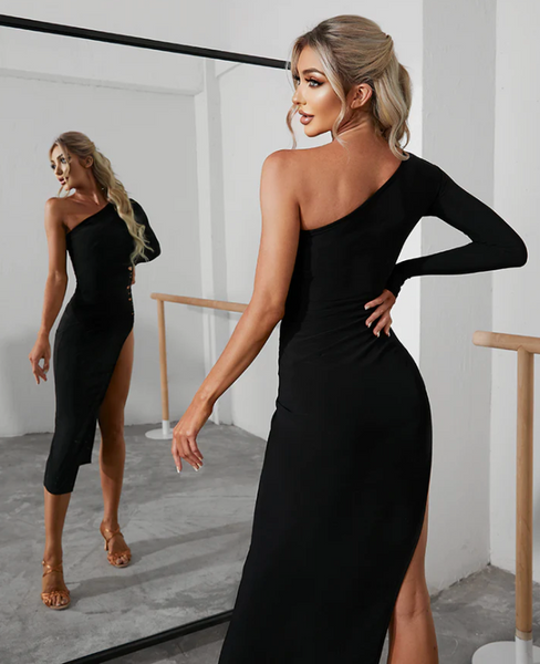 Free Australia-wide Shipping - safe & secure with tracking.  Personal Service.  Complete Zym Dance Style Range Available.  Best Price Worldwide Guaranteed.  The perfect dress to take you from practice to the competition dance floor!  Features one shoulder design for a minimal and refined aesthetic.  A hand woven front cut out, and high slit that is guaranteed to turn heads.