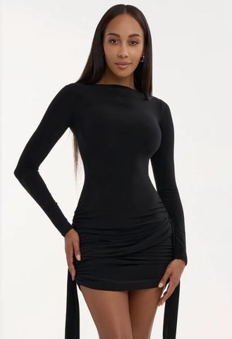 Free Australia-wide Shipping.&nbsp; Best price worldwide.

Stay effortlessly chic with the Dress Samira. In sleek black, this mini dress features a sophisticated drape on the hips and long sleeves, enhancing your curves and adding a touch of elegance. Make a bold statement and captivate with every step in this stunning piece. Perfect for evening and cocktail wear, parties, dance practice and performance.