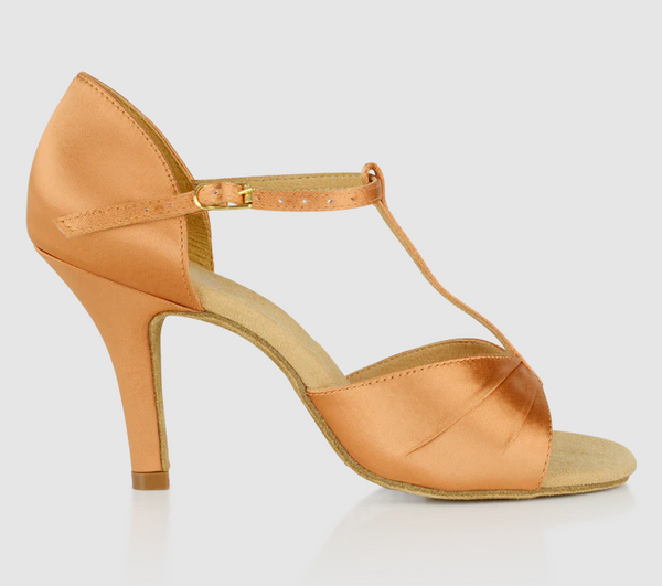 814 Frost Light Tan Satin | Ladies Latin & Salsa Dance Shoe | Latin Sandals with Various Heel Heights & T Bar Strap