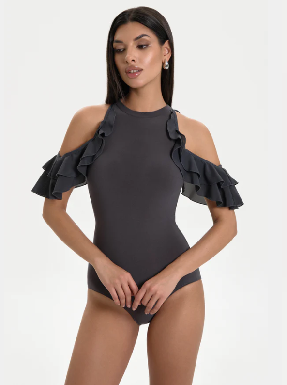 Bodysuit "Polly" by Danza in Space Grey - Dance Bodysuit Feature Frill Sleeves, Cut-Out Shoulders, Open Back, Removable Cups for Dance Practice, Ballroom Dance Medal Exams, DanceSport Competition, Shows or Evening Wear