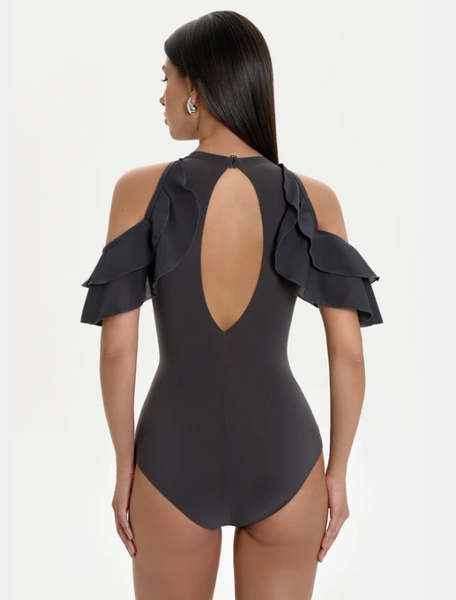 Bodysuit "Polly" by Danza in Space Grey - Dance Bodysuit Feature Frill Sleeves, Cut-Out Shoulders, Open Back, Removable Cups for Dance Practice, Ballroom Dance Medal Exams, DanceSport Competition, Shows or Evening Wear