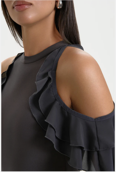 Bodysuit "Polly" by Danza in Space Grey - Dance Bodysuit Feature Frill Sleeves, Cut-Out Shoulders, Open Back, Removable Cups for Dance Practice, Ballroom Dance Medal Exams, DanceSport Competition, Shows or Evening Wear