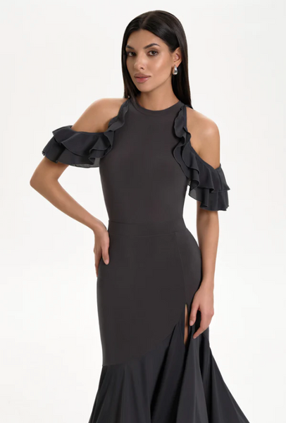 Bodysuit "Polly" by Danza in Space Grey - Dance Bodysuit Feature Frill Sleeves, Cut-Out Shoulders, Open Back, Removable Cups for Dance Practice, Ballroom Dance Medal Exams, DanceSport Competition, Shows or Evening Wear