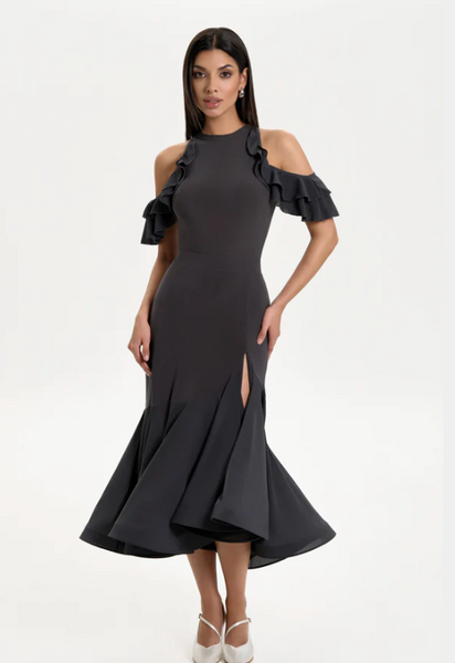 Bodysuit "Polly" by Danza in Space Grey - Dance Bodysuit Feature Frill Sleeves, Cut-Out Shoulders, Open Back, Removable Cups for Dance Practice, Ballroom Dance Medal Exams, DanceSport Competition, Shows or Evening Wear