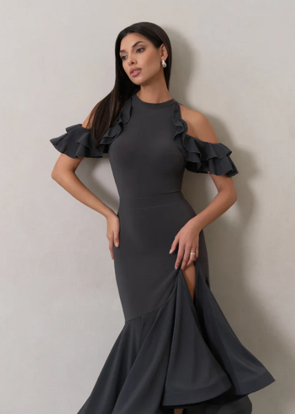 Bodysuit "Polly" by Danza in Space Grey - Dance Bodysuit Feature Frill Sleeves, Cut-Out Shoulders, Open Back, Removable Cups for Dance Practice, Ballroom Dance Medal Exams, DanceSport Competition, Shows or Evening Wear