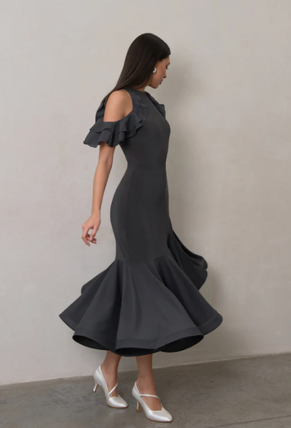 Bodysuit "Polly" by Danza in Space Grey - Dance Bodysuit Feature Frill Sleeves, Cut-Out Shoulders, Open Back, Removable Cups for Dance Practice, Ballroom Dance Medal Exams, DanceSport Competition, Shows or Evening Wear