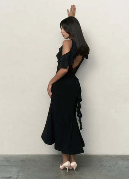 Bodysuit "Polly" by Danza in Black - Dance Bodysuit Feature Frill Sleeves, Cut-Out Shoulders, Open Back, Removable Cups for Dance Practice, Ballroom Dance Medal Exams, DanceSport Competition, Shows or Evening Wear