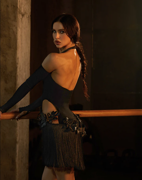 ZYM Raven Dress 25073 in Black Velvet | Sleeveless Latin Dress with Open Back, Halter Neckline, Waist/Hip Cutouts & Feature 3d Flowers, Fringe Skirt, Matching Long Gloves for Dance Performance & DanceSport Competitions
