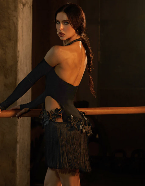 ZYM Raven Dress 25073 in Black Velvet | Sleeveless Latin Dress with Open Back, Halter Neckline, Waist/Hip Cutouts & Feature 3d Flowers, Fringe Skirt, Matching Long Gloves for Dance Performance & DanceSport Competitions