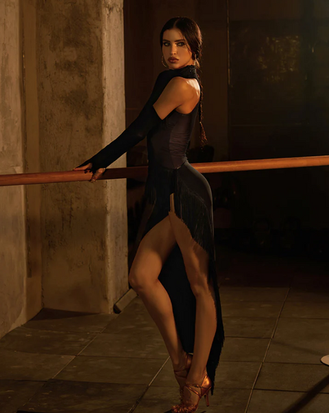 ZYM Camila Dress in Black 25076 | High Neckline, Single Sleeve, Fitted Stretch Latin Dress with Feature Mesh Pants, Fringe, Pencil Skirt with High Side Slit for Latin & Tango Dance Performance & DanceSport Competition