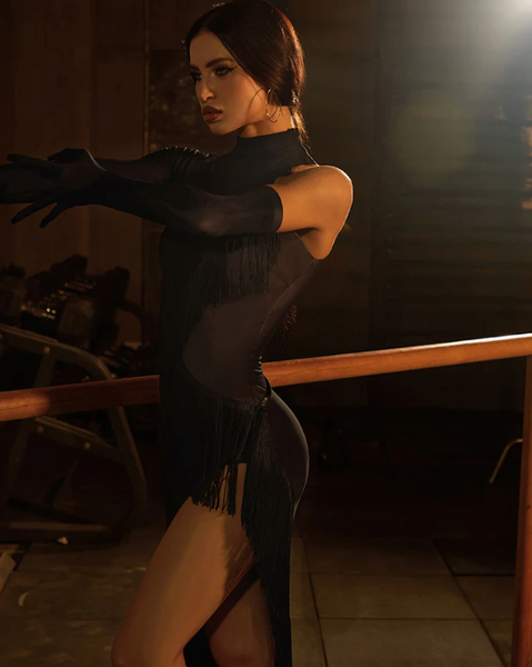 ZYM Camila Dress in Black 25076 | High Neckline, Single Sleeve, Fitted Stretch Latin Dress with Feature Mesh Pants, Fringe, Pencil Skirt with High Side Slit for Latin & Tango Dance Performance & DanceSport Competition