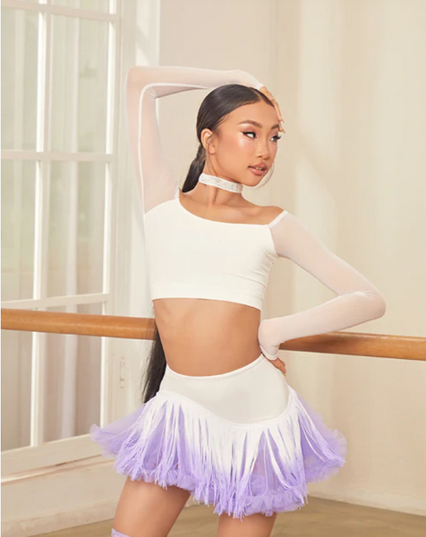 Free Australia-wide Shipping. &nbsp;Best Price Worldwide.

Dew Top moves as freely as you do. Soft, cloud-like fabric hugs gently while the elastic off-shoulder strap stays in place for every spin. Mesh-panelled sleeves add a touch of airy elegance, making it as playful as it is practical. Perfect for twirls, leaps, and all the little moments in between. A great crop top for Latin, Jazz, Contemporary - all dance styles.