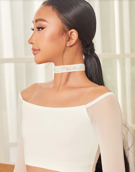 Dew Top 25074 in Cloud White - Girls & Teens Stretch Crop Top with Long Mesh Sleeves, Off Shoulder Neckline for All Dance Styles