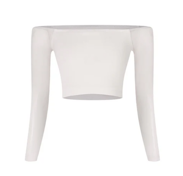 Dew Top 25074 in Cloud White - Girls & Teens Stretch Crop Top with Long Mesh Sleeves, Off Shoulder Neckline for All Dance Styles