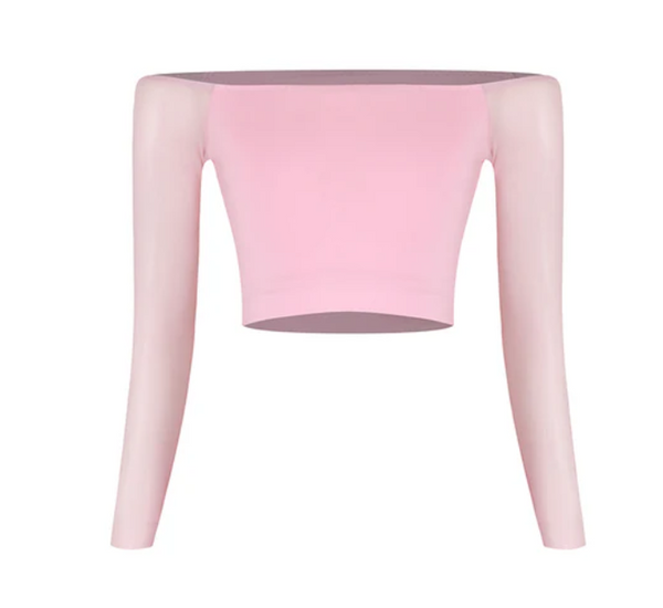 Dew Top 25074 in Fluffy Pink - Girls & Teens Stretch Crop Top with Long Mesh Sleeves, Off Shoulder Neckline for All Dance Styles