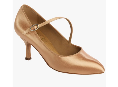 Australia-wide priority shipping with tracking is already included in the price of all Supadance Shoes.&nbsp; Nothing more to pay!&nbsp; Contact us for express options.

No return or exchange on this special order item.

Best Seller! The classic pointed toe court shoes with diagonal strap.
Oval Crystal Hook Buckle.
Flesh Satin.
Regular fitting.
Choice of 2" Flare heel or 2", 2½" and 3" Contour heels.