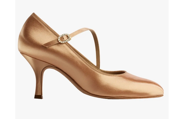 Australia-wide priority shipping with tracking is already included in the price of all Supadance Shoes.&nbsp; Nothing more to pay!&nbsp; Contact us for express options.

No return or exchange on this special order item.

Best Seller! The classic pointed toe court shoes with diagonal strap.
Oval Crystal Hook Buckle.
Flesh Satin.
Regular fitting.
Choice of 2" Flare heel or 2", 2½" and 3" Contour heels.