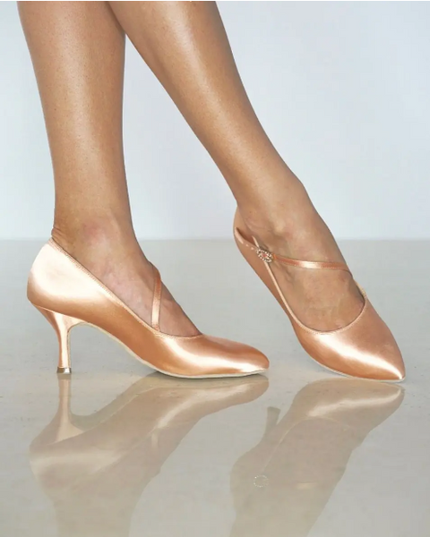 Australia-wide priority shipping with tracking is already included in the price of all Supadance Shoes.&nbsp; Nothing more to pay!&nbsp; Contact us for express options.

No return or exchange on this special order item.

Best Seller! The classic pointed toe court shoes with diagonal strap.
Oval Crystal Hook Buckle.
Flesh Satin.
Regular fitting.
Choice of 2" Flare heel or 2", 2½" and 3" Contour heels.