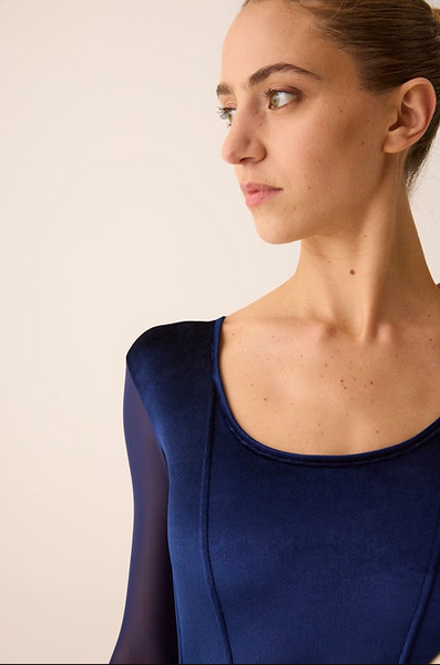 Free Australian Shipping - Best Price Delivered Worldwide from Dancewear For You.

For Ballet, Lyrical &amp; other dance styles discover this elegant, quality bodysuit with stretch velvet bodice and butterfly back closure, round neckline, 3/4 sleeves of delicate stretch net, crafted from high-tech, comfortable, breathable dance fabrics for dancers, blending tradition with modern innovation.

Design: Round, Scoop&nbsp;neckline, elegant velvet bodice, butterfly fastening on the back, and elasticated sleeves.
