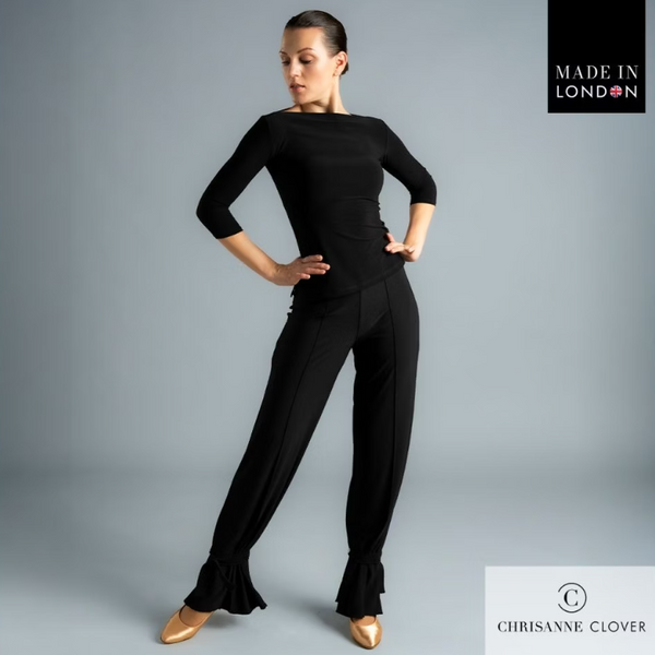 Chrisanne Clover Eternity Top in Black - for Ballroom, Latin, Evening Wear, Fitted Stretch Top with Slash Neckline & 3/4 Sleeves