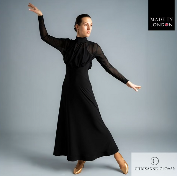 Meredith Ballroom Dress | Stretch Ballroom Dance Dress with High Neckline, Long Stretch Net Sleeves, Stretch Net Bodice & Full Ballroom Skirt