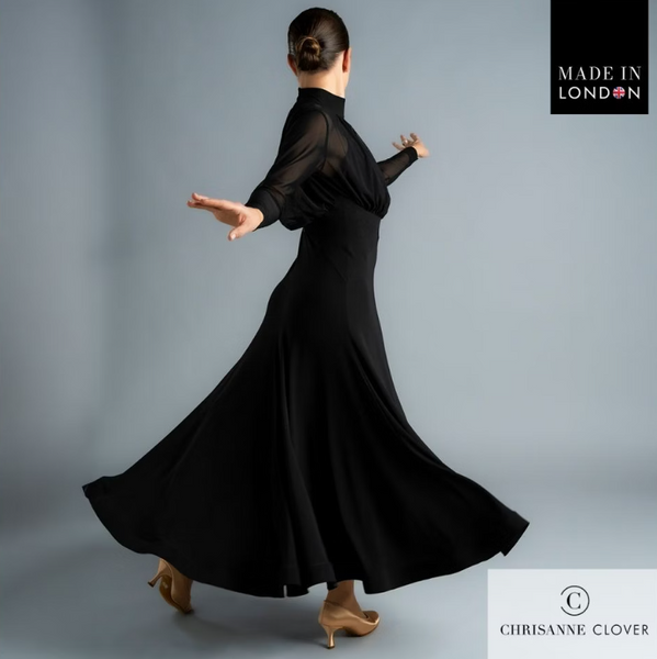 Meredith Ballroom Dress | Stretch Ballroom Dance Dress with High Neckline, Long Stretch Net Sleeves, Stretch Net Bodice & Full Ballroom Skirt