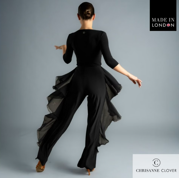 The Payton Trousers are designed for dancers who want style and movement combined. Featuring two layers of georgette frills placed along the side seams, these trousers create dazzling motion with every step. The frills are finished with a delicate roll hem for a refined touch, while the trousers themselves are crafted from premium stretch crepe and finished with an overlock hem for durability.

A crystallized Chrisanne Clover logo sits on the back left hip, adding a luxurious detail. Perfect for both ballro