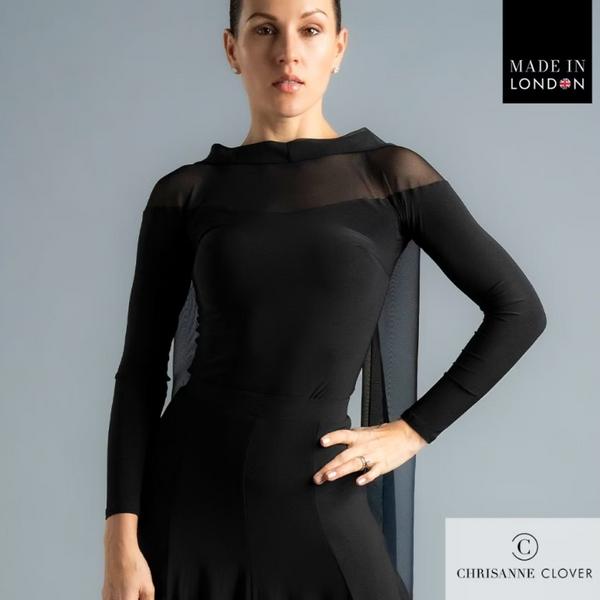 The Darcy Top is the epitome of elegance and movement, designed to make an impression both on and off the dance floor. Featuring a flowing georgette scarf detail that cascades gracefully down the back, this top adds dramatic flair to every turn.

The design combines a stretch net top piece that drops below the shoulder with a contrasting stretch crepe bodice and sleeves for a sophisticated layered look. A large diamond-shaped keyhole back fastens with a single covered button and is embellished with a brande