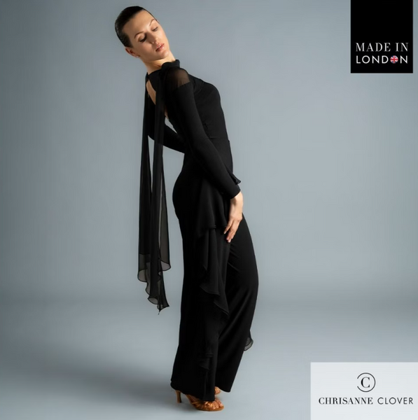 Darcy Top | Stretch Dance top with Long Sleeves & Feature Stretch Net Neckline with Flowing Georgette Scarf Detail for Evening Wear, Ballroom Dance Performance & Social Events