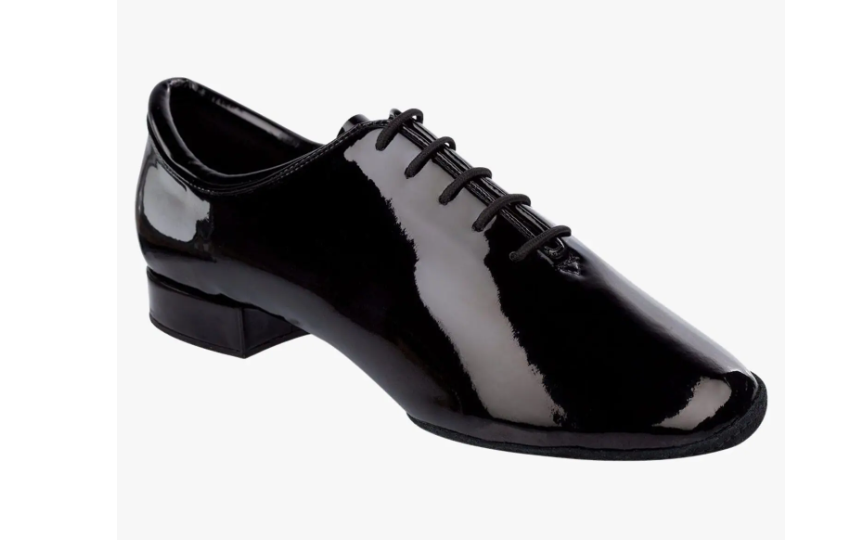 Best Seller! Men's Ballroom Shoe with the our New Curved Low Heel.
Elegant Black Patent design.
Regular fitting.
Split Sole.
Our suede sole, curves around the inside edges of the toe area to prevent scuffing on the patent.
1" Curved Cushioned Heel.

The curved heel is a new design feature where the heel curves up at the back and is cushioned in the centre, in order to help with heel leads.

This is very similar to our Low-Cushioned Heel except it has the extra feature of the curvature at the back.