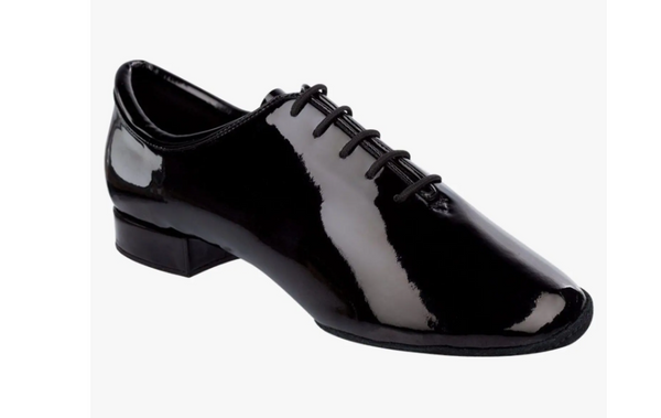 Best Seller! Men's Ballroom Shoe with the our New Curved Low Heel.
Elegant Black Patent design.
Regular fitting.
Split Sole.
Our suede sole, curves around the inside edges of the toe area to prevent scuffing on the patent.
1" Curved Cushioned Heel.

The curved heel is a new design feature where the heel curves up at the back and is cushioned in the centre, in order to help with heel leads.

This is very similar to our Low-Cushioned Heel except it has the extra feature of the curvature at the back.