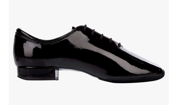 Best Seller! Men's Ballroom Shoe with the our New Curved Low Heel.
Elegant Black Patent design.
Regular fitting.
Split Sole.
Our suede sole, curves around the inside edges of the toe area to prevent scuffing on the patent.
1" Curved Cushioned Heel.

The curved heel is a new design feature where the heel curves up at the back and is cushioned in the centre, in order to help with heel leads.

This is very similar to our Low-Cushioned Heel except it has the extra feature of the curvature at the back.