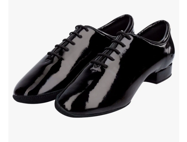Best Seller! Men's Ballroom Shoe with the our New Curved Low Heel.
Elegant Black Patent design.
Regular fitting.
Split Sole.
Our suede sole, curves around the inside edges of the toe area to prevent scuffing on the patent.
1" Curved Cushioned Heel.

The curved heel is a new design feature where the heel curves up at the back and is cushioned in the centre, in order to help with heel leads.

This is very similar to our Low-Cushioned Heel except it has the extra feature of the curvature at the back.