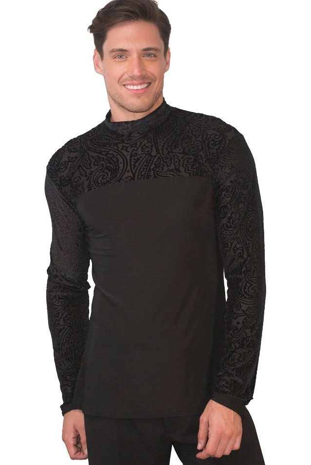 Dance America MS32 Mens Latin Dance Tunic | Mens Long Sleeve Latin Dance Top with Turtleneck & Feature Velvet Burnout Design
