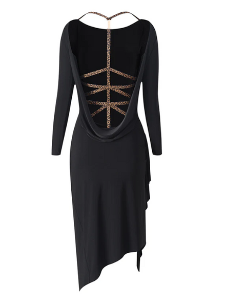 ZYM Behind Your Dress 25089 in Classic Black | Long Sleeves, Backless Stretch Latin Dance Dress with Criss Cross Straps