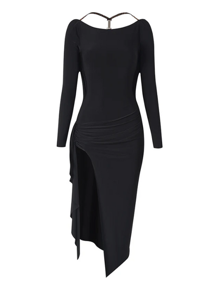 ZYM Behind Your Dress 25089 in Classic Black | Long Sleeves, Backless Stretch Latin Dance Dress with Criss Cross Straps