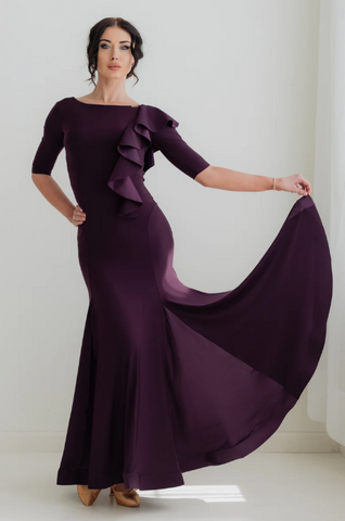 Federica Ruffle Gown in Plum – ballroom and evening gown with cascading ruffle, satin inserts and 3/4 sleeves