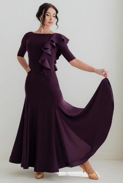 Federica Ruffle Gown in Plum – ballroom and evening gown with cascading ruffle, satin inserts and 3/4 sleeves