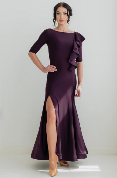 Federica Ruffle Gown in Plum – ballroom and evening gown with cascading ruffle, satin inserts and 3/4 sleeves